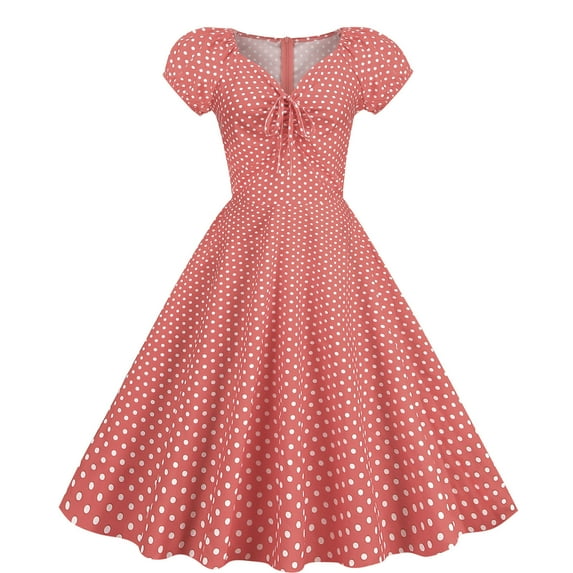 XFLWAM Women 50s 60s Vintage Short Sleeve Polka Dot Cocktail Swing Dress 1950s Retro Rockabilly Audrey Hepburn Prom Party Dresses Red L
