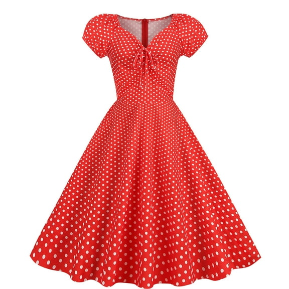 XFLWAM Women 50s 60s Vintage Short Sleeve Polka Dot Cocktail Swing Dress 1950s Retro Rockabilly Audrey Hepburn Prom Party Dresses Red M