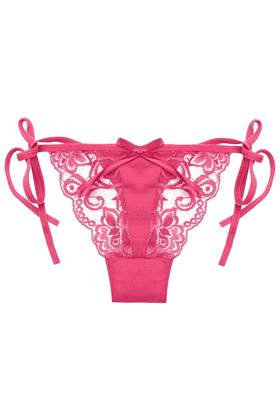 Women Adjustable Sides Tie Panties Bowknot Lace Sheer Mesh G-String Thongs Underwear Hot Pink