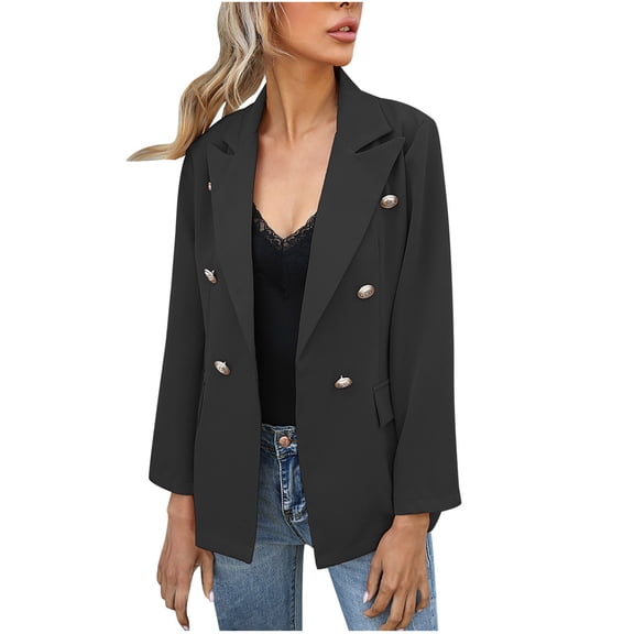 XFLWAM Women Business Casual Blazer with Lined Double Breasted Suit Jacket with Pockets Black XXL