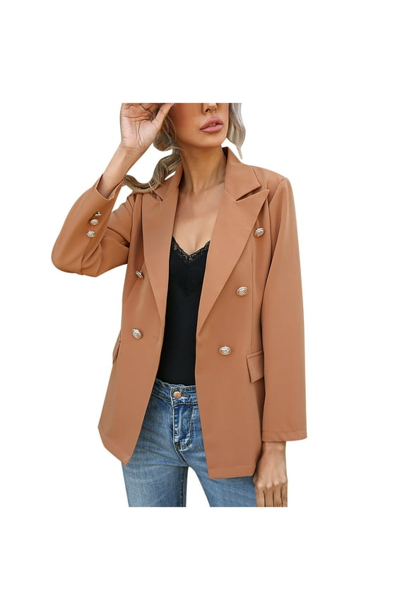Women Business Casual Blazer with Lined Double Breasted Suit Jacket with Pockets Khaki S