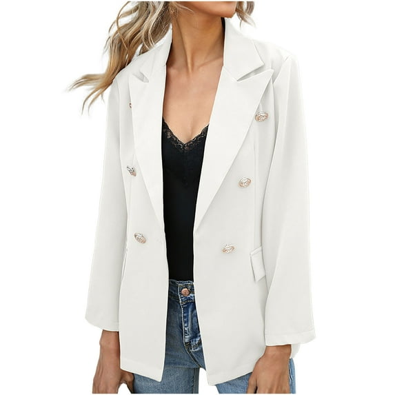 XFLWAM Women Business Casual Blazer with Lined Double Breasted Suit Jacket with Pockets White XL