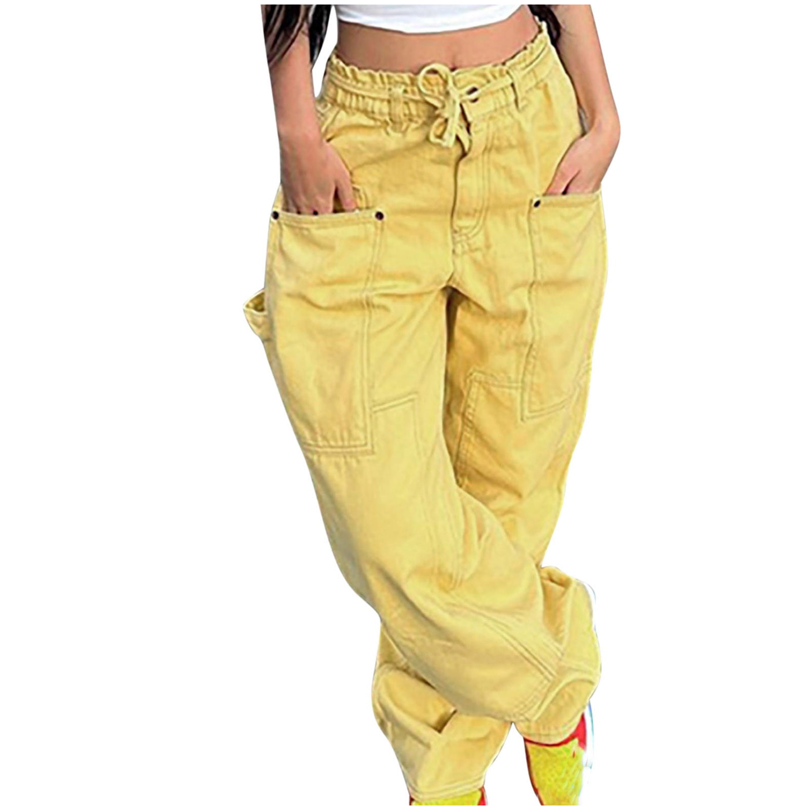 XFLWAM High Waist Stretch Cargo Pants Women Baggy Multiple Pockets Straight  Wide Leg Y2K Pant Khaki L 