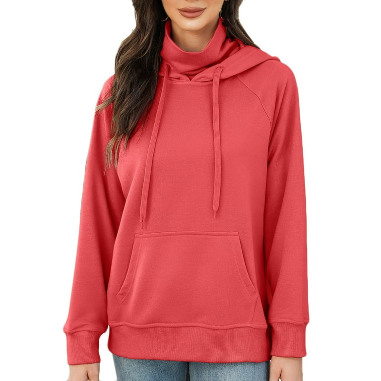 XFLWAM Women Casual Cowl Neck Hoodie Sweatshirt Long Sleeve Solid Color Lightweight Pullover Tops Loose with Pocket Red M