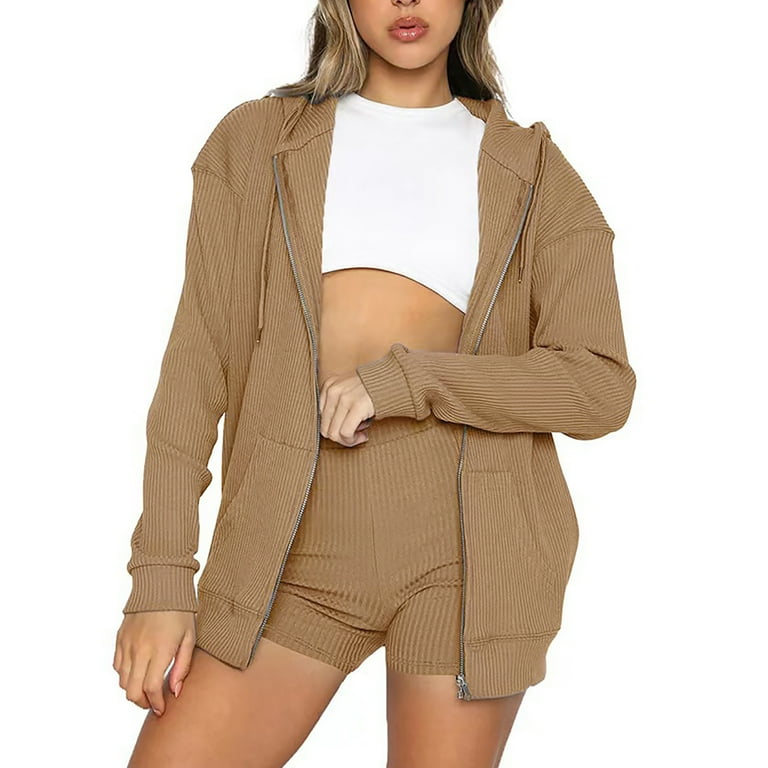 XFLWAM Women Casual Full Zip Up Plush Hoodie Comfy Loose Solid Color Sweatshirt Long Sleeve Jacket with Pockets Khaki L