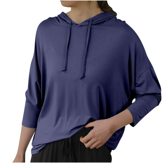 XFLWAM Women Casual Long Sleeve Loose T-Shirt Drawstring Hooded Pajamas Pullover Tops Solid Color Home Clothes Navy Blue L