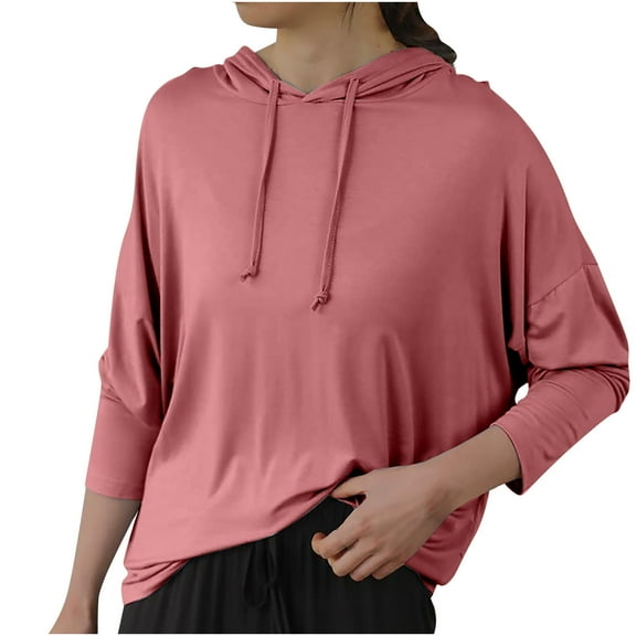XFLWAM Women Casual Long Sleeve Loose T-Shirt Drawstring Hooded Pajamas Pullover Tops Solid Color Home Clothes Pink L