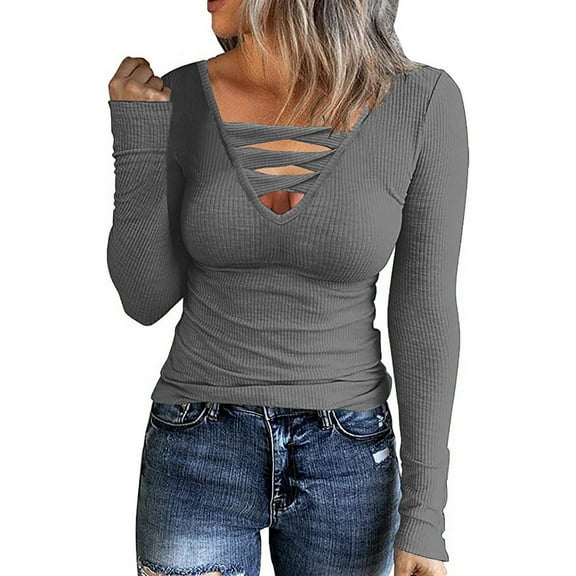 XFLWAM Women Casual Long Sleeve Tunic Tops V-Neck Criss Cross T Shirts Solid Color Ribbed Casual Tee Slim Fitted Fall Blouse Dark Gray M
