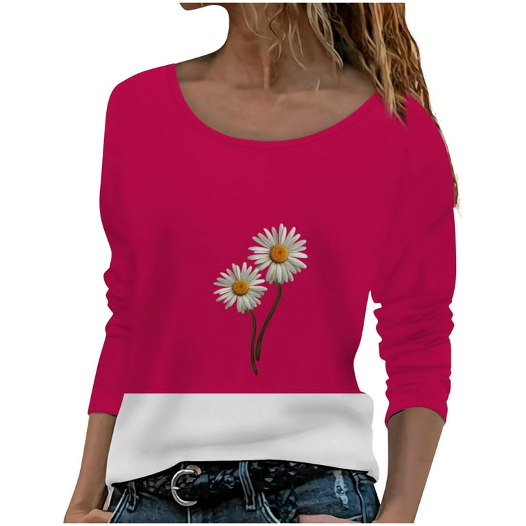XFLWAM Women Casual Print Crew Neck Long Sleeve Loose T-Shirt Color Block  Blouse Pullover Tops Hot Pink M 