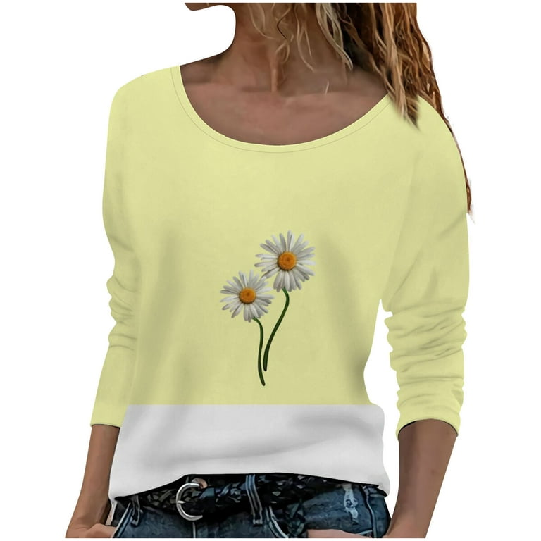 XFLWAM Women Casual Print Crew Neck Long Sleeve Loose T-Shirt Color Block  Blouse Pullover Tops Yellow M 