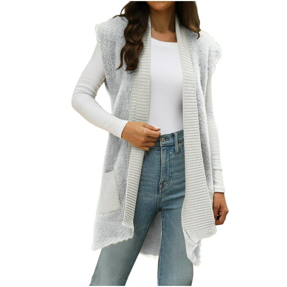 XFLWAM Women Casual Sleeveless Cardigans Open Front Tunic Vest Long Cardigan Tops Coat Loose Fit V Neck Outerwear with Pockets Gray M