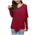 thumbnail image 1 of XFLWAM Women Casual V-Neck Long Sleeve Tops Solid Color Loose Lap Shoulder Irregular T-Shirt Red S, 1 of 5