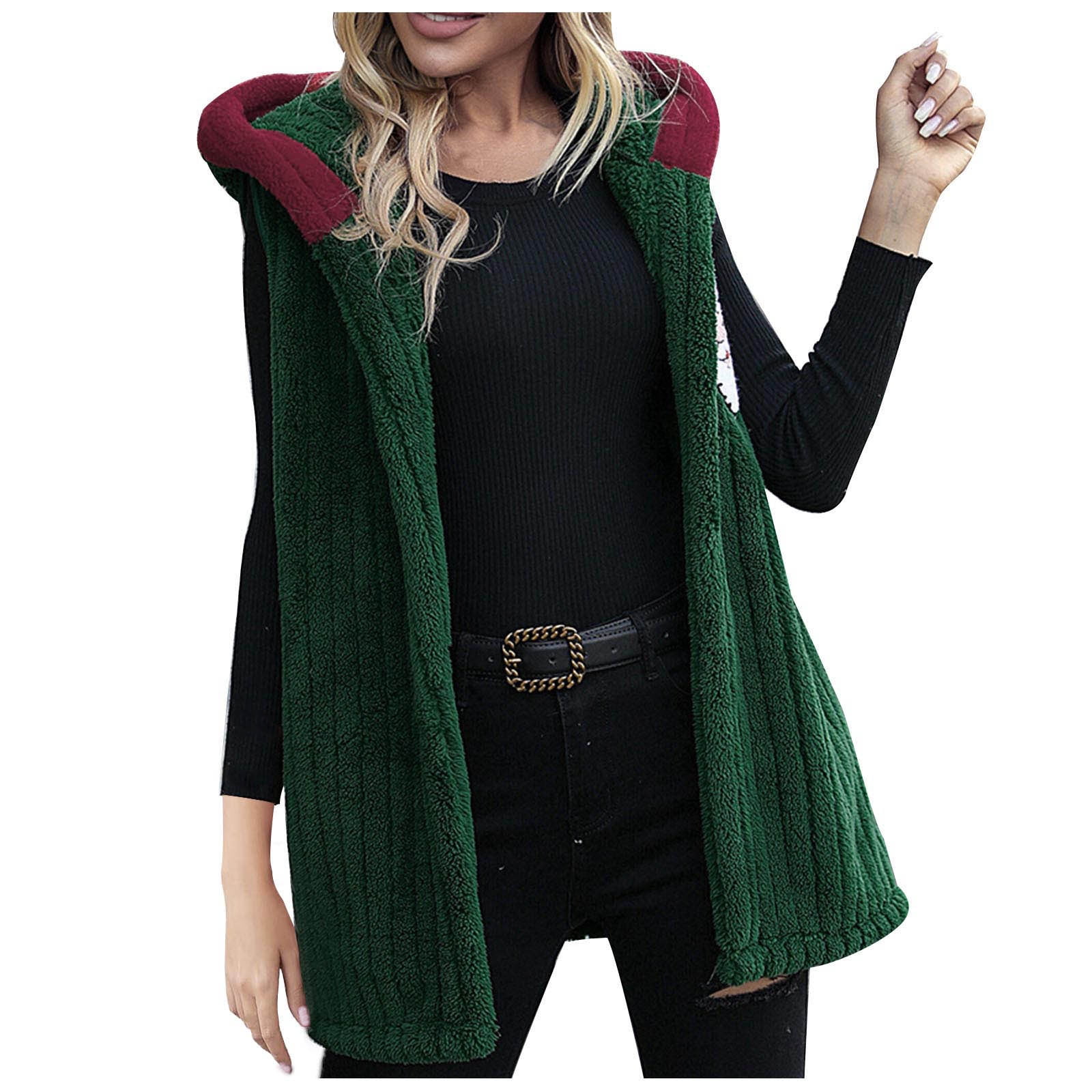 XFLWAM Women Christmas Jacket Vest Hooded Sleeveless Xmas Santas Claus