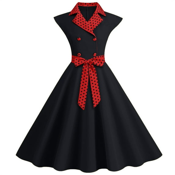 XFLWAM Women Contrast Peter Collar 1950s Vintage Polka Dot Cocktail Swing Dress 50s Retro Audrey Hepburn Rockabilly Prom Dresses Black XL