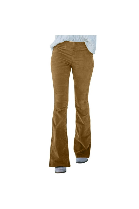 Women Corduroy Flare Pants Elastic Waist Bell Bottom Trousers Casual Wide Leg Trousers Khaki XL