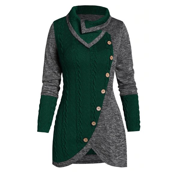 XFLWAM Women Cowl Neck Sweater Color Block Button Asymmetrical Hem Casual Tunic Top Knitted Long Sleeve Blouse Army Green 4XL