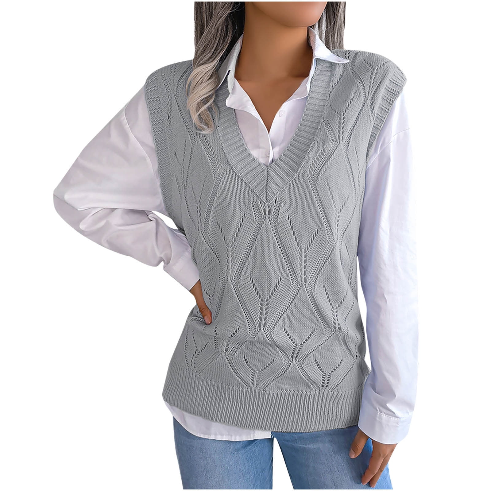 XFLWAM Women Cute Heart Plaid Print Sweater Vest V Neck Color Block  Sleeveless Pullover Knit Tank Top Khaki M