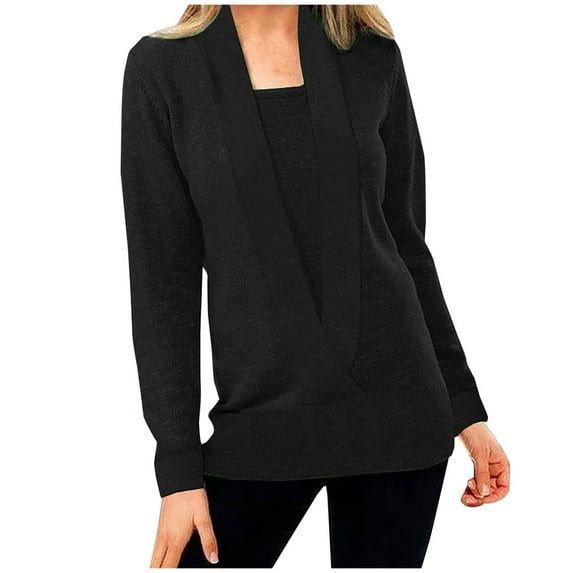 XFLWAM Women Deep V Neck Fake Two Piece Long Sleeve Knitted Sweater Solid Color Blouse Loose Pullover Tops Black M