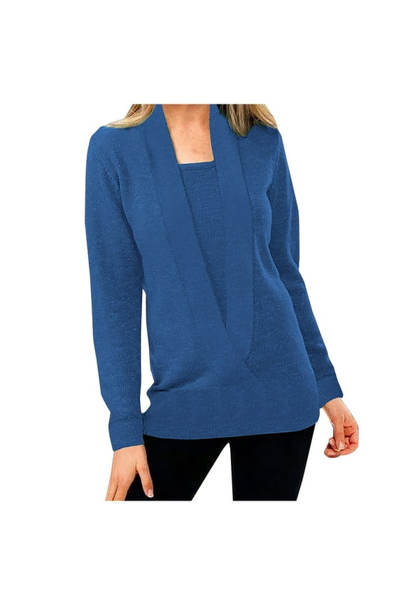 Women Deep V Neck Fake Two Piece Long Sleeve Knitted Sweater Solid Color Blouse Loose Pullover Tops Blue L