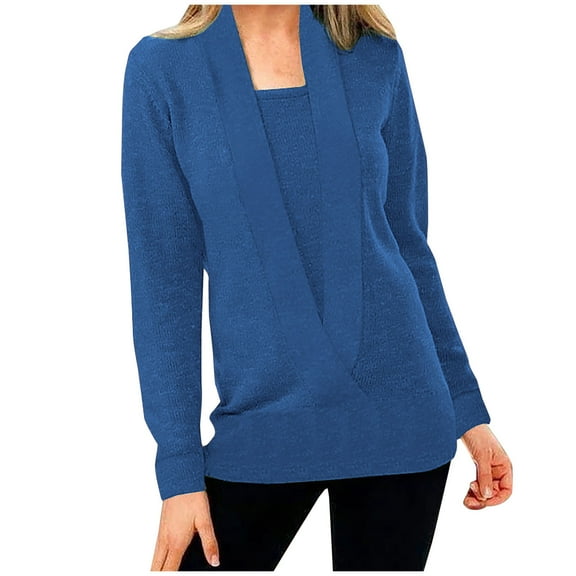 XFLWAM Women Deep V Neck Fake Two Piece Long Sleeve Knitted Sweater Solid Color Blouse Loose Pullover Tops Blue M
