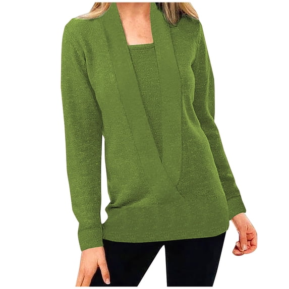 XFLWAM Women Deep V Neck Fake Two Piece Long Sleeve Knitted Sweater Solid Color Blouse Loose Pullover Tops Green XL