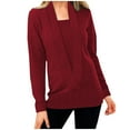 thumbnail image 1 of XFLWAM Women Deep V Neck Fake Two Piece Long Sleeve Knitted Sweater Solid Color Blouse Loose Pullover Tops Wine Red XL, 1 of 6