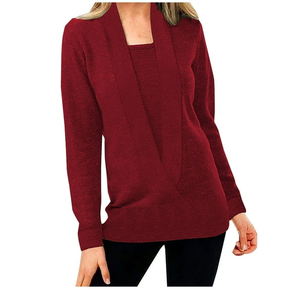 XFLWAM Women Deep V Neck Fake Two Piece Long Sleeve Knitted Sweater Solid Color Blouse Loose Pullover Tops Wine Red XL