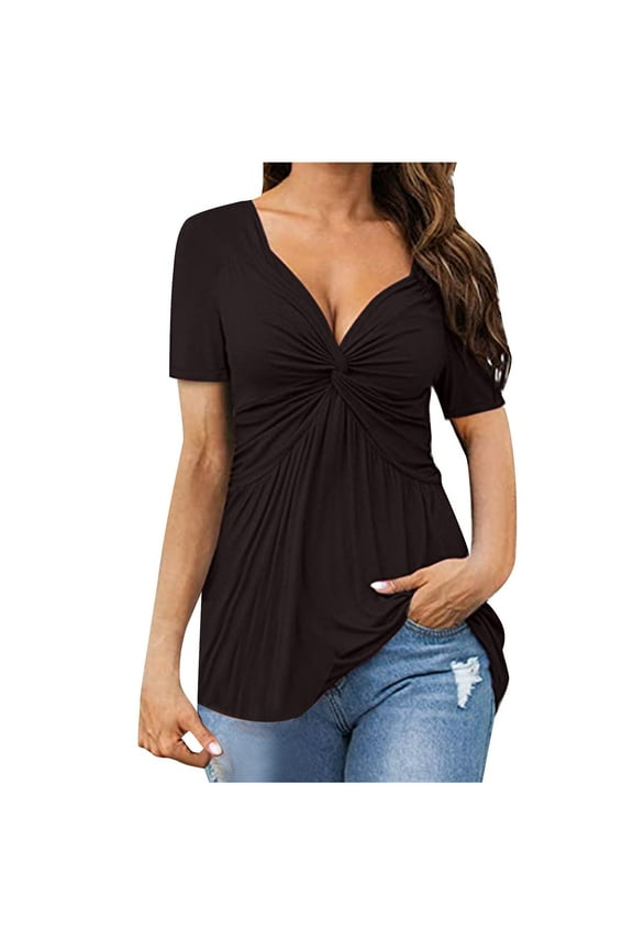Women Deep V Neck Twist Knot Front Top Summer Casual T-Shirt Short Sleeve Pleated Blouse Black L