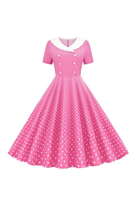 Women Double Breasted Notch Lapel 50s Vintage Short Sleeve Cocktail Swing Dress Polka Dot 1950s Rockabilly Prom Midi Dress Pink S