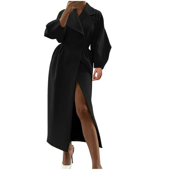 XFLWAM Women Double Breasted Trench Pea Coat Elegant Lantern Long Sleeve Winter Maxi Long Wool-Blend Overcoat Jacket Black M