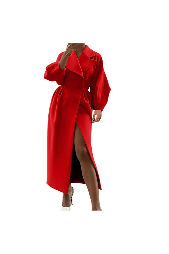 Women Double Breasted Trench Pea Coat Elegant Lantern Long Sleeve Winter Maxi Long Wool-Blend Overcoat Jacket Red XL