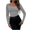 thumbnail image 1 of XFLWAM Women Drawstring Side Ruched Crop Top Tee Shirt Ribbed Knit Crew Neck Basic Long Sleeve T Shirt Blouse Gray XL, 1 of 4