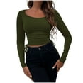 thumbnail image 1 of XFLWAM Women Drawstring Side Ruched Crop Top Tee Shirt Ribbed Knit Crew Neck Basic Long Sleeve T Shirt Blouse Green XL, 1 of 5