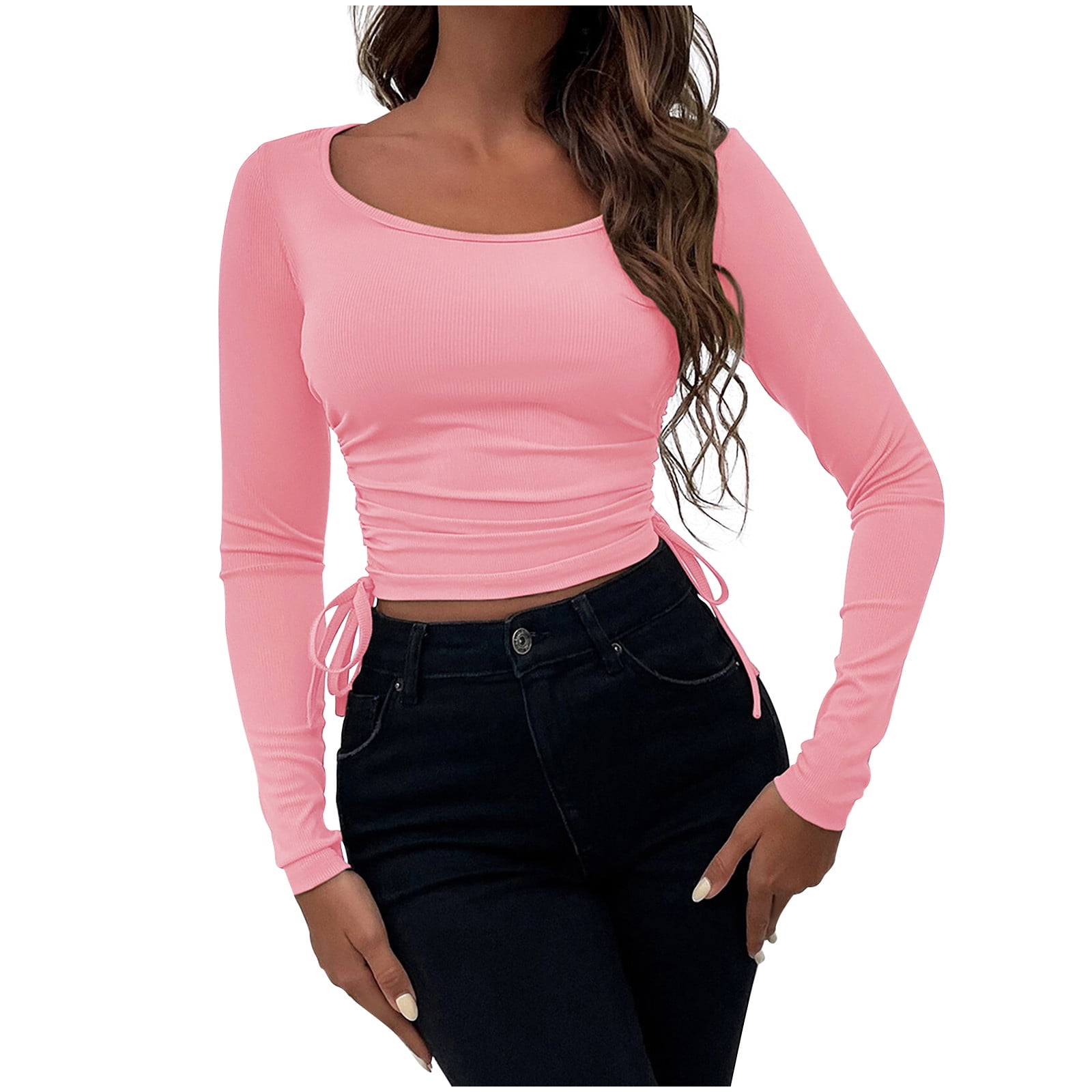 XFLWAM Women Drawstring Side Ruched Crop Top Tee Shirt Ribbed Knit Crew  Neck Basic Long Sleeve T Shirt Blouse Pink XL 