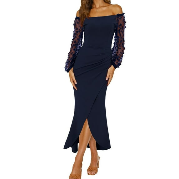 XFLWAM Women Elegant Off Shoulder Dresses Sheer Long Sleeve Mesh Ruched Wrap Split Bodycon Maxi Cocktail Wedding Guest Dress Blue S