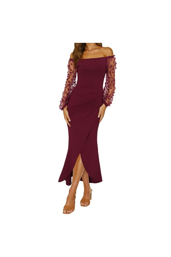 Women Elegant Off Shoulder Dresses Sheer Long Sleeve Mesh Ruched Wrap Split Bodycon Maxi Cocktail Wedding Guest Dress Red L