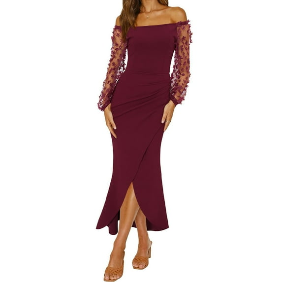 XFLWAM Women Elegant Off Shoulder Dresses Sheer Long Sleeve Mesh Ruched Wrap Split Bodycon Maxi Cocktail Wedding Guest Dress Red XL