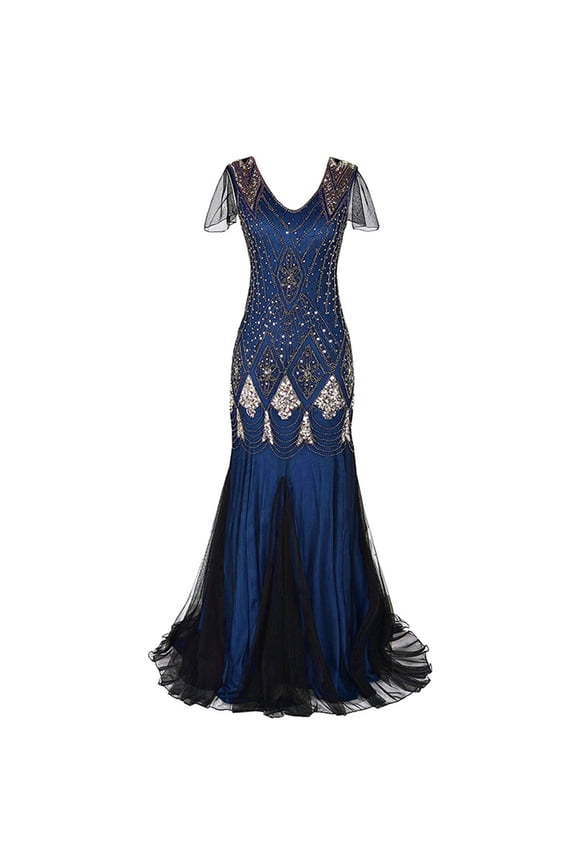 Women Evening Dress 1920s Flapper Cocktail Mermaid Plus Size Formal Gown Vintage Wedding Party Maxi Dresses Blue S