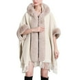 thumbnail image 1 of XFLWAM Women Faux Fur Shawl Wrap Poncho Wool Collar Plaid Batwing Sleeve Hooded Cardigan Christmas Fringed Hem Warm Cape Sweater Cloak Beige Free Size, 1 of 5