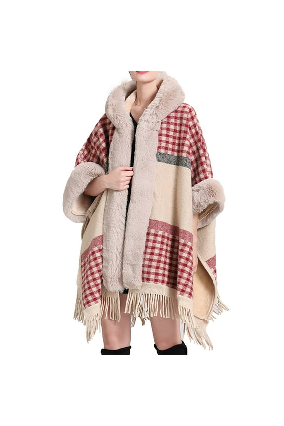 Women Faux Fur Shawl Wrap Poncho Wool Collar Plaid Batwing Sleeve Hooded Cardigan Christmas Fringed Hem Warm Cape Sweater Cloak Hot Pink Free Size
