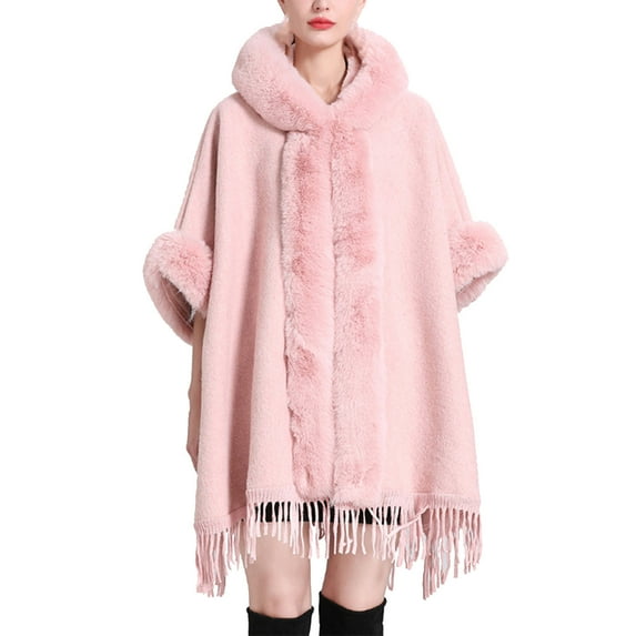 XFLWAM Women Faux Fur Shawl Wrap Poncho Wool Collar Plaid Batwing Sleeve Hooded Cardigan Christmas Fringed Hem Warm Cape Sweater Cloak Pink Free Size