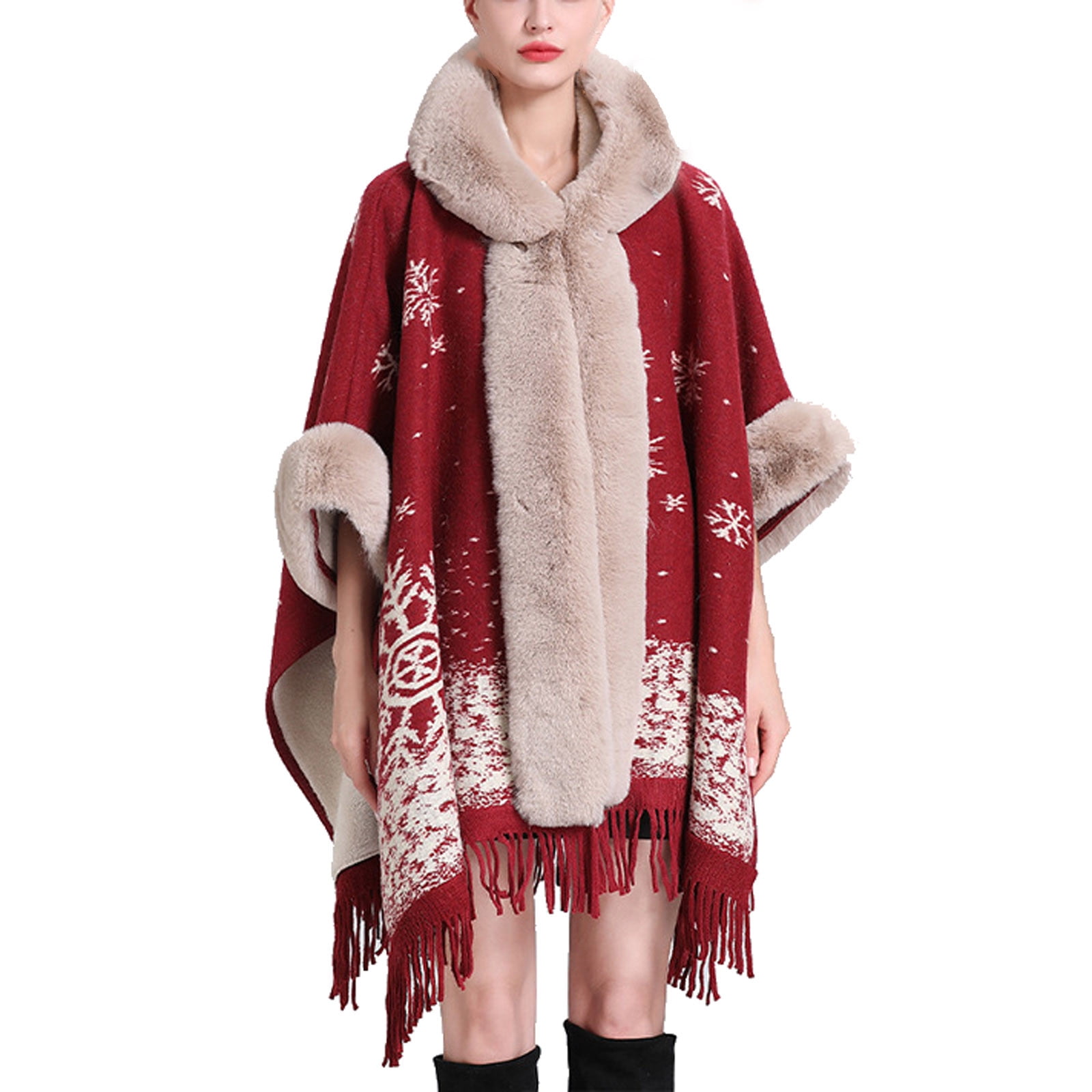 XFLWAM Women Faux Fur Shawl Wrap Poncho Wool Collar Plaid Batwing