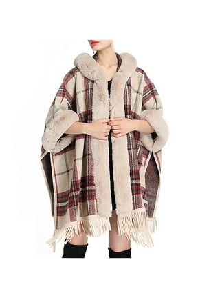 Hfyihgf Women's Oversizd Shawl Cardigan Batwing Sleeve Faux Fur Trim Cape Wool Winter Warm Cloak Poncho Coat White One Size