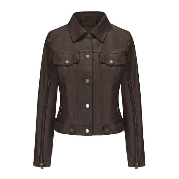 XFLWAM Women Faux Leather Jacket Lapel Collar Motorcycle Zip Up Tops Long Sleeve Motor Biker Short Coat Jacket Brown XL