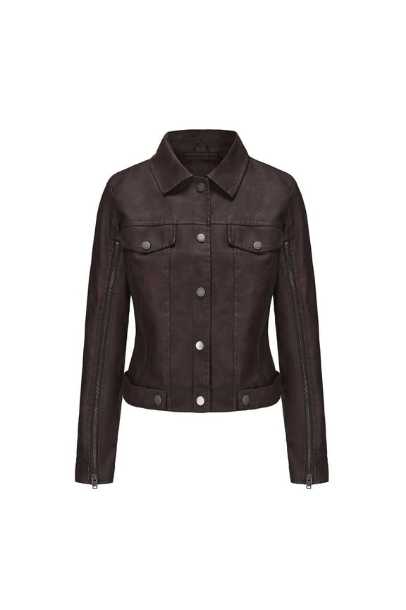 Women Faux Leather Jacket Lapel Collar Motorcycle Zip Up Tops Long Sleeve Motor Biker Short Coat Jacket Coffee S