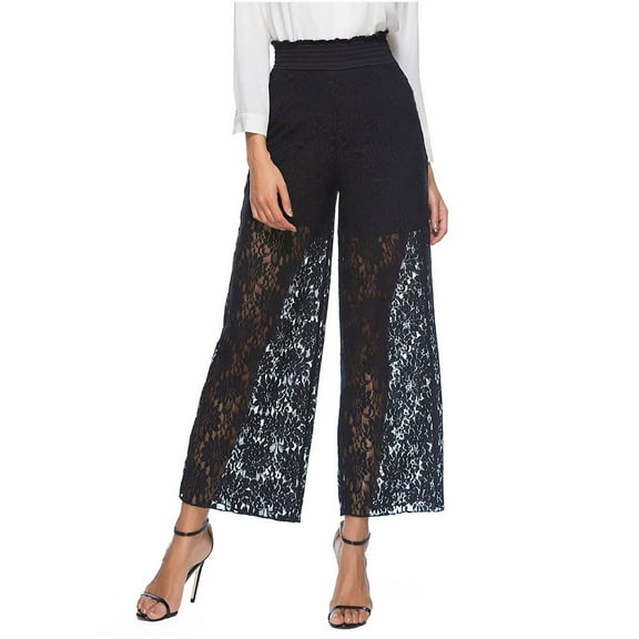 XFLWAM Women Floral Lace Sheer Mesh Pants Elastic High Waist See Through Flare Bell Trouser Wide Leg Club Bottoms Black 3XL