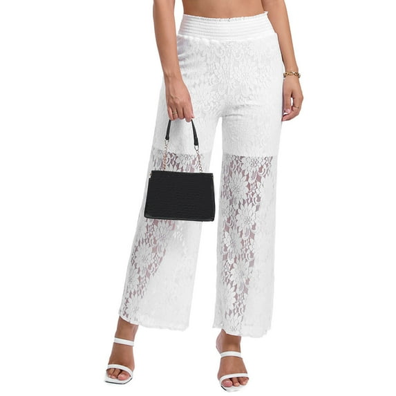 XFLWAM Women Floral Lace Sheer Mesh Pants Elastic High Waist See Through Flare Bell Trouser Wide Leg Club Bottoms White XL