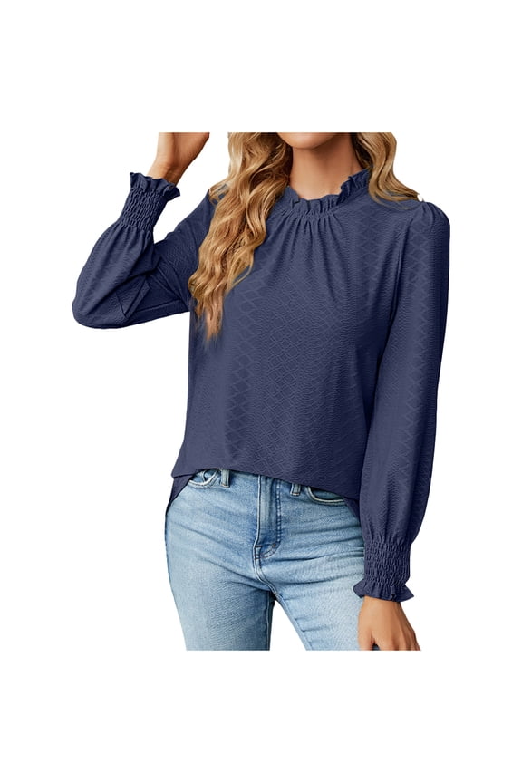 Women Frill Mock Neck Eyelet Tunic Tops Cuffs Ruffle Puff Sleeve Fall Blouses Work Casual Loose Shirts with Smocked Cuffs Navy Blue XL