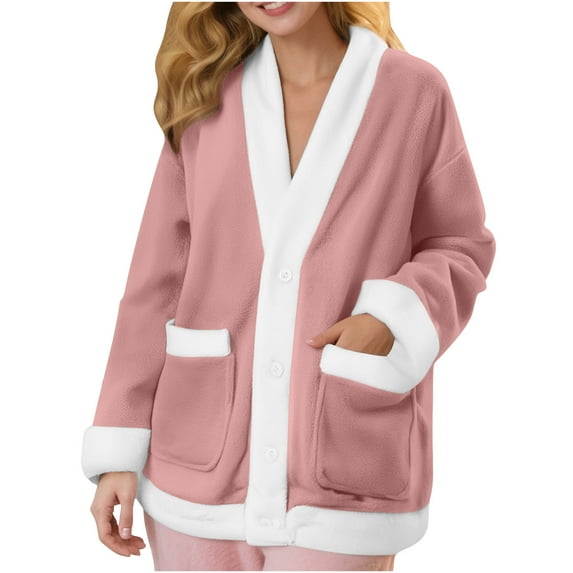 XFLWAM Women Fuzzy Fleece Pajama Jacket V Neck Button Down Sleepwear Long Sleeve Plush Warm Winter Coat with Pockets Pink XXL