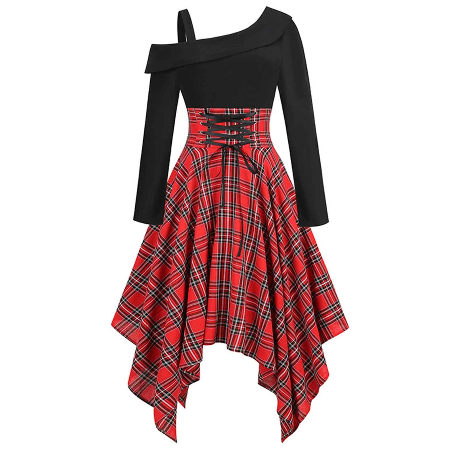 XFLWAM Women Gothic Retro Plaid Corset Dress Cold Shoulder Long Sleeve Asymmetrical Winter Skater Dress Red M